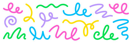 Abstract doodle line shapes, colorful confetti squiggle set. Carnival abstract cute doodle curve...