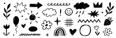 Crayon scribble kid element set. Crayon scribble hand drawn pastel texture brush chalk line sketch icon. Cute kid children rainbow heart star sun cloud flower smile crown. Vector illustrationのイラスト素材