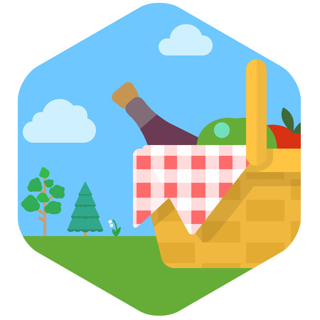 Basket for picnic with wine and fruit against grassy meadow.のイラスト素材