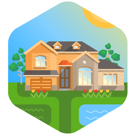 ountry house with gardening in a sunny day with the lake and flowers nearbyのイラスト素材