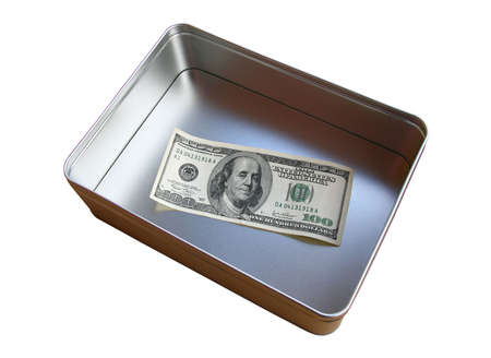 Denomination in a metal box on a white background.の写真素材