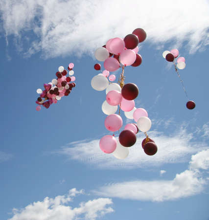 Beautiful balloons flying to top in the cloudy sky