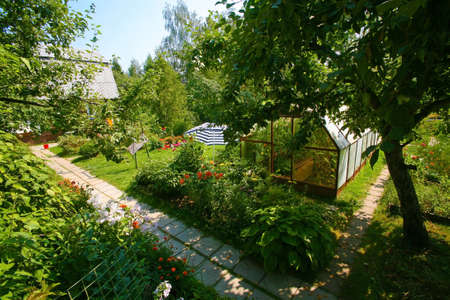 Beautiful territory of garden with blossoming flowers the house, hothouse and treesの写真素材
