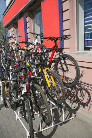 Trade in new bicycles in city streetの写真素材