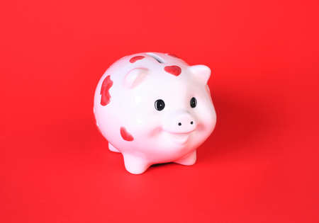White pig-coin box on red backgroundの写真素材