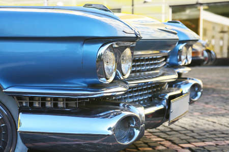 Ancient blue American car closeupのeditorial素材