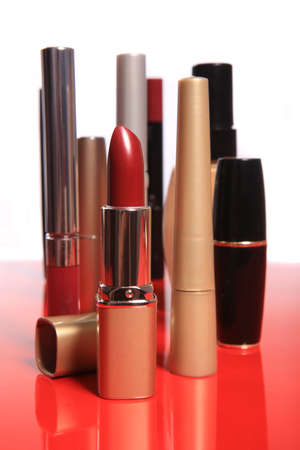lipstick and cosmetics set on the redの写真素材