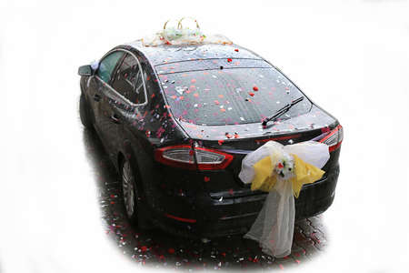 black wedding car wet in the rainの写真素材