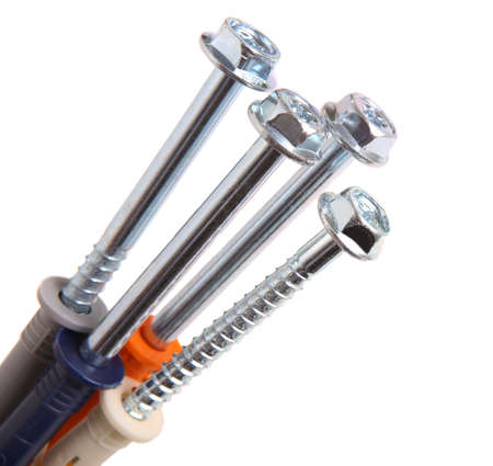 multi-color self-tapping screws on white background  close upの写真素材