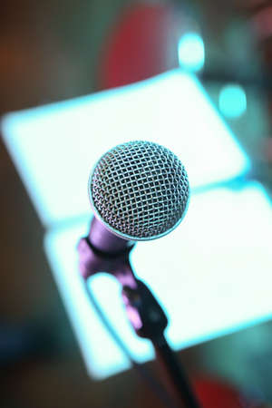 microphone on scene in night club close upの写真素材