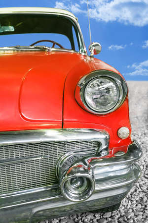 ancient red car road skyの写真素材