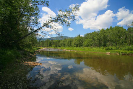 beautiful landscape river mountain wood skyの写真素材