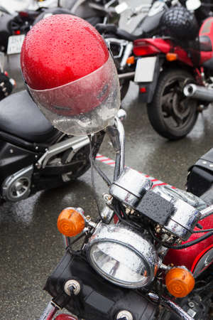 powerful motorcycles on parking after rainの写真素材