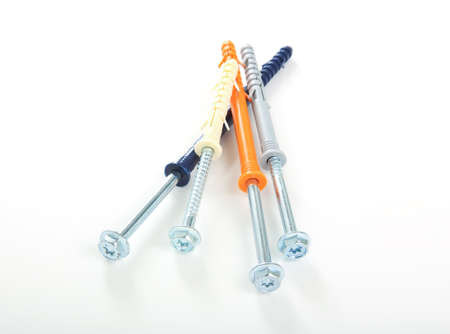 multi-color self-tapping screws on white background  close upの写真素材