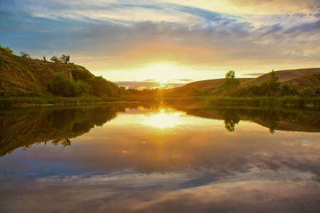 beautiful sunset on the Volga River Russiaの写真素材