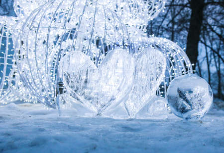 festive ice hearts in the winter outside