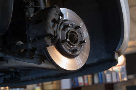 Car brake disc without wheels closeup