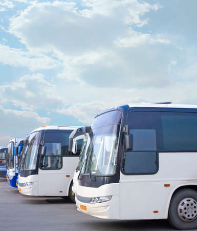 big tourist buses on parkingの写真素材