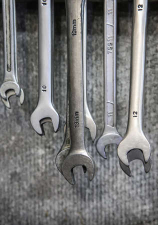 metal wrenches set on gray backgroundの写真素材