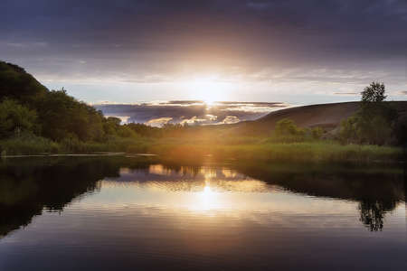 beautiful sunset on the Volga River Russiaの写真素材