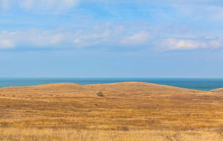 Steppe, hills and sea in the background.の写真素材