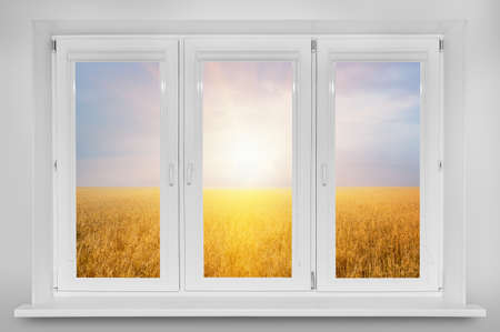 View from the window. Beautiful sunset over the wheat field