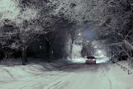 Car drives along a snow-covered road in park at night.の写真素材