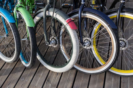 Bicycles in the Parking lot in a row close-up detailの写真素材