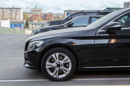 Cars parked in the city centerの写真素材