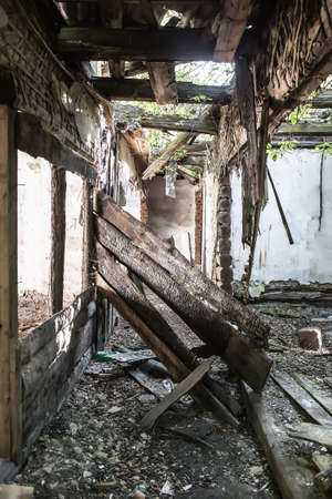 interior of an old wooden destroyed houseの写真素材