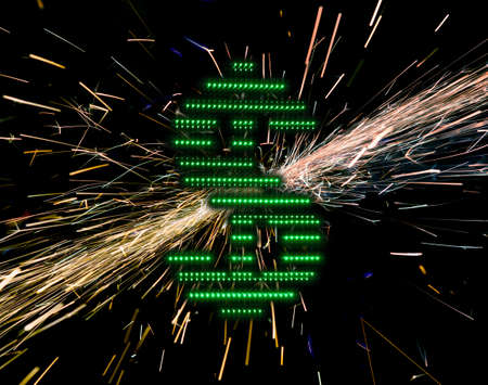 dollar symbol from glowing green lights with a black and golden backgroundの写真素材