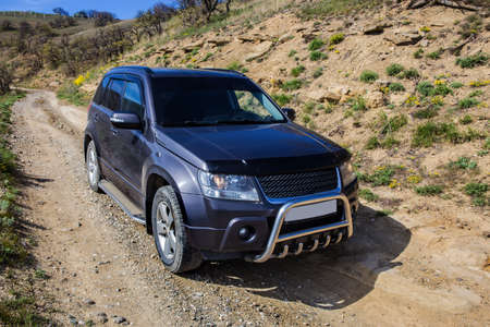 SUV on the field under a cloudy sky. close-upの写真素材