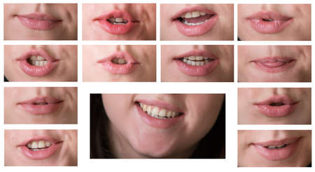lips of a European girl in different emotional states. Collage