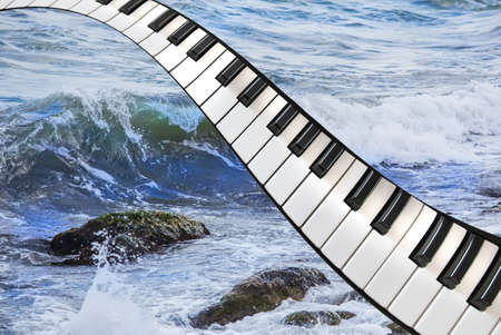 Piano keys over sea waves concept.の写真素材