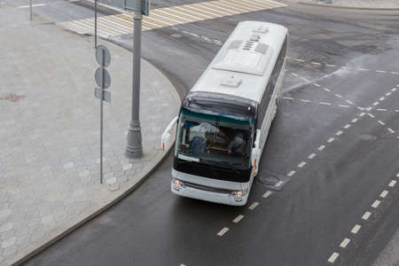 Tourist Bus on a Multi-lane Road. View from aboveの写真素材