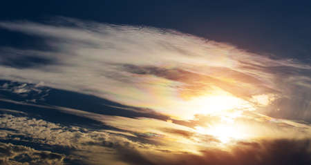 Sun in Beautiful Cirrus Clouds at Sunset. Heavenly Landscapeの写真素材
