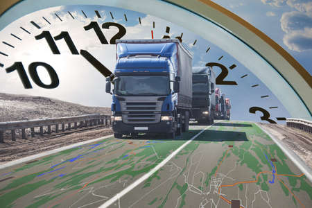 Trucks on the Geographic Map and the Clock Face above them. Fast International and Long Distance Delivery Conceptの写真素材