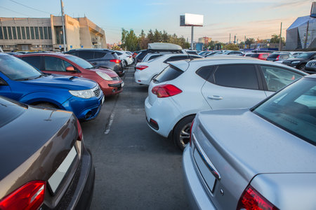 Cars in the Parking Lot in the city near the shopping mallの写真素材