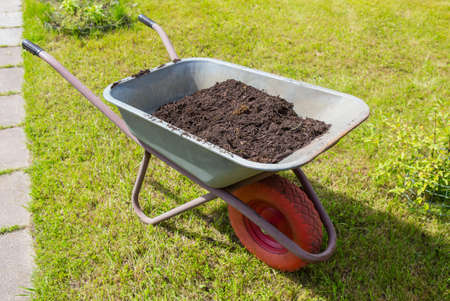Garden cart with peat on the lawn close-up.