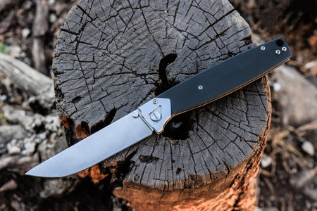 Folding knife on an old cracked stump close-up
