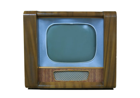 Vintage tv in wooden case isolated on whiteの写真素材