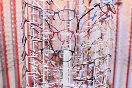 Diopter glasses on a stand in an optical storeの写真素材