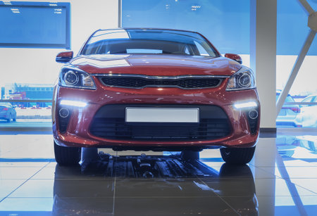 New car in a car dealership close-up front viewの写真素材