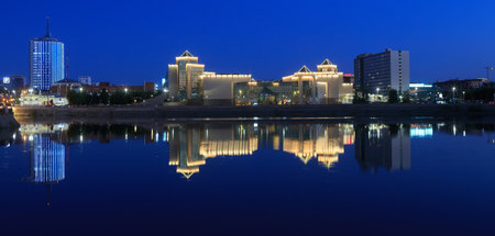 Russia, Chelyabinsk evening view of the river embankment in the city centerの写真素材
