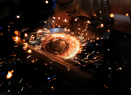 Grinder in male hands grinds a metal detailの写真素材