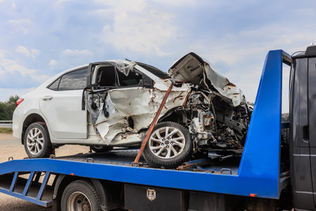 Broken emergency car on a tow truck close-upの写真素材