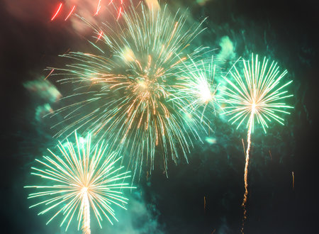 Fireworks flashes in the night sky close-upの写真素材