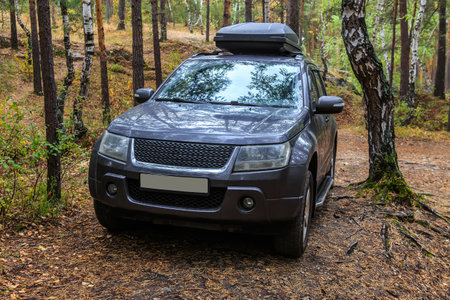 SUV in the forest. Weekend trip to natureの写真素材