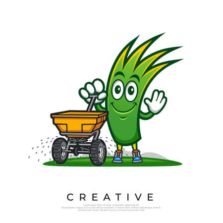 Grass mascot holding a push spreaderのイラスト素材