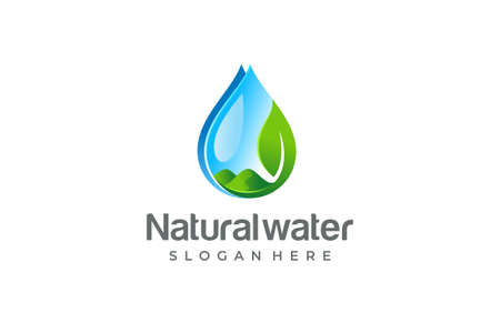 Water drop logo with a view of leaves and green mountainsのイラスト素材